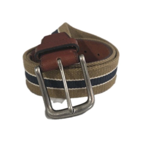 EVEN TIDE Belt Woven Fabric/Leather Trim Belt Tan & BLUE Sz 34 - Picture 2 of 4